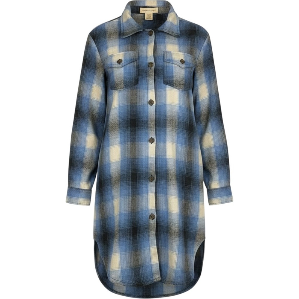 Happily Grey Blue Plaid Button Down Shirt Dress NWT XS Women Long Sleeve Tunic